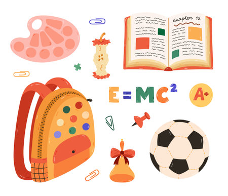 Cute cartoon set with kids school supplies. Hand drawn collection of schoolbag, open text book, globe, paint palette, apple core, soccer ball. Back to school clipart for study, draw and work.のイラスト素材