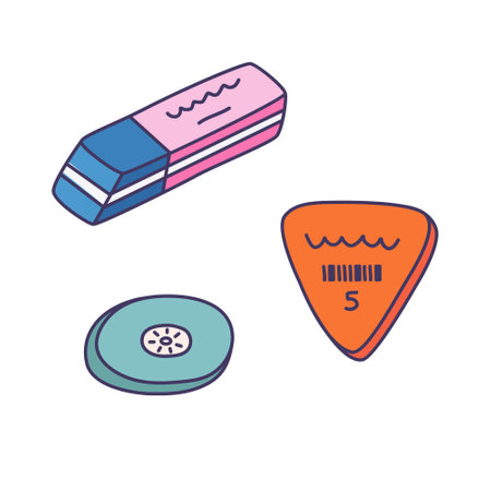 Cute colorful doodle set of pencil erasers for work, study in university. Classic, round, triangle rubber set for drawing, writing, correcting. School supply for kids with hand drawn outlineのイラスト素材