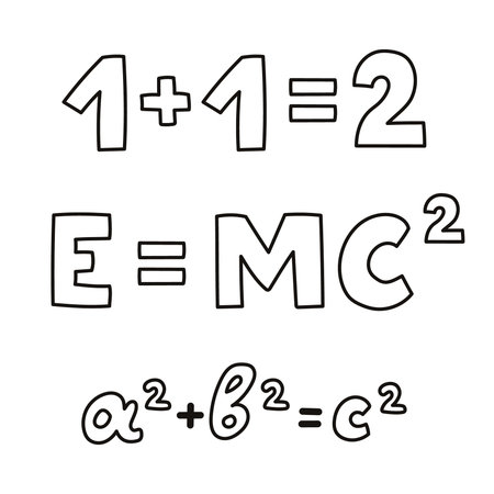 Cute doodle set with lettering of physical, mathematical formulas. Concept of back to school. E...