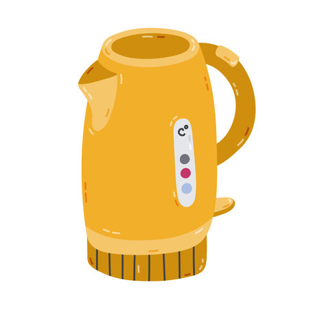 Cute cartoon smart kettle for making tea and coffee via smartphone. Hand drawn intelligence electric tea pot with indicators. Internet of things kitchen device isolated on background.のイラスト素材