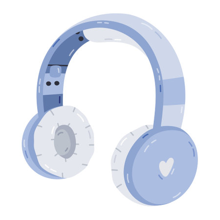 Cute cartoon wireless headphones with heart for listening music, gaming and control via smartphone. Smart audio gadget from Internet of things. Stereo earphones isolated on white background.のイラスト素材