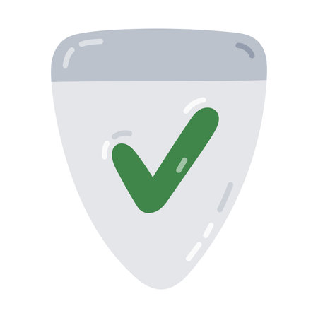 Cute cartoon shield with check mark as symbol of protection. Hand drawn security shield with tick icon as sign of insurance, risk coverage, policyholder protection isolated on white background.のイラスト素材