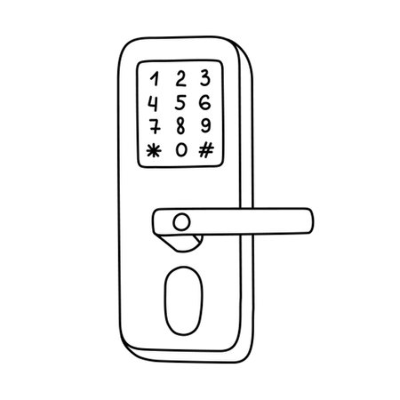 Cute doodle smart door lock with pin code, fingerprint and key access for safety, home protection. Hand drawn intelligence house security device isolated on white. Remote door locking via telephone.のイラスト素材