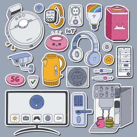 Big colorful doodle set of stickers with smart devices of Internet of things for planners, notebooks. Ready for print list of cute stickers. Intelligence machine clipart with remote control via phone.のイラスト素材