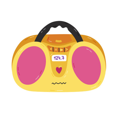 Cute cartoon retro radio from 90s and 00s. Colorful old CD player, radio, audio player for music as badge of 1990s. Nostalgia for vintage, Y2k aesthetic, vibes. Hand drawn clipart isolated on white.のイラスト素材