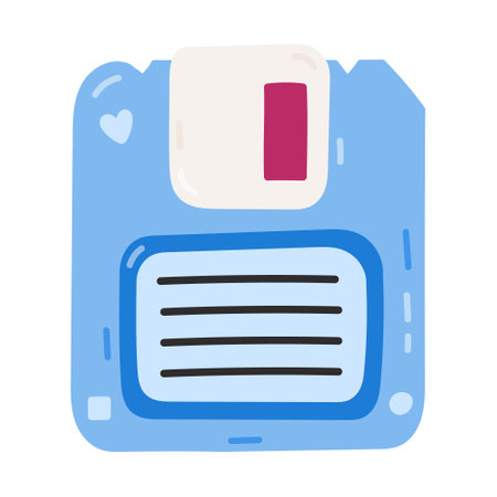 Cute cartoon floppy disk for information storage from 90s and 00s. Retro diskette for PC, computer memory as symbol of Y2k. Hand drawn magnetic disk isolated on white. Nostalgia for 1990s aesthetic.のイラスト素材
