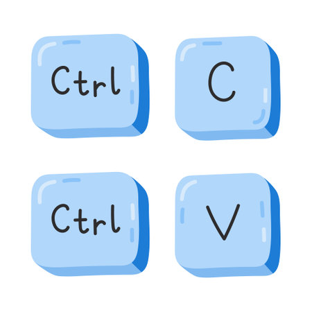 Cute cartoon blue Ctrl C and Ctrl V keyboard buttons. Copy and paste key shortcuts for PC, computer and laptop. Key combination for insert text, images. Hand drawn clipart isolated on white.のイラスト素材