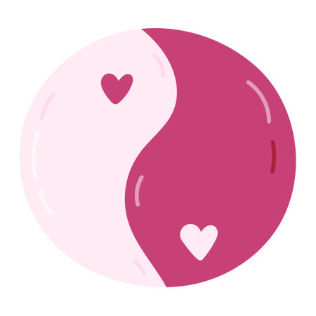 Cute cartoon pink Yin Yang sign with hearts from hippie 70s. Retro symbol of balance, harmony, yoga, relax. Trendy symbol of hippy and Y2k aesthetic. Hand drawn nostalgic clipart isolated on white.のイラスト素材