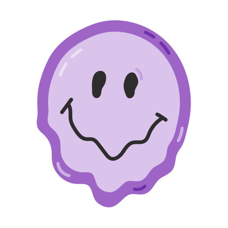 Cute cartoon melting emoji in hippie and Y2k aesthetic. Retro psychedelic dripping smile face as symbol of the 70s and 90s. Trippy smiling emoji isolated on white background. Hand drawn nostalgic clipart.のイラスト素材