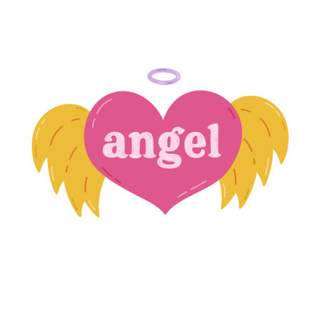 Cute pink cartoon heart with lettering Angel, wings and nimbus in Y2k aesthetic. Retro love symbol from 90s, 00s. Hand drawn simple heart with typography isolated on white. Nostalgia for 1990s vibes.のイラスト素材