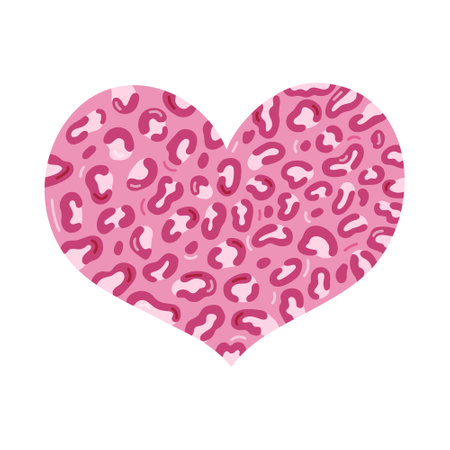 Cute pink cartoon heart with leopard pattern in Y2k aesthetic. Retro love symbol with animal print from 90s, 00s. Hand drawn simple heart isolated on white. Nostalgia for vintage and 1990s vibesのイラスト素材