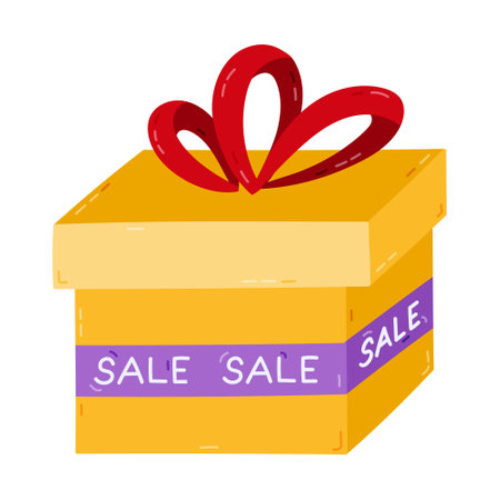 Cute cartoon closed gift box with bow and lettering Sale on ribbon. Present with discount tag for Black Friday, holiday price off, promo offer. Hand drawn colorful gift isolated on background.のイラスト素材