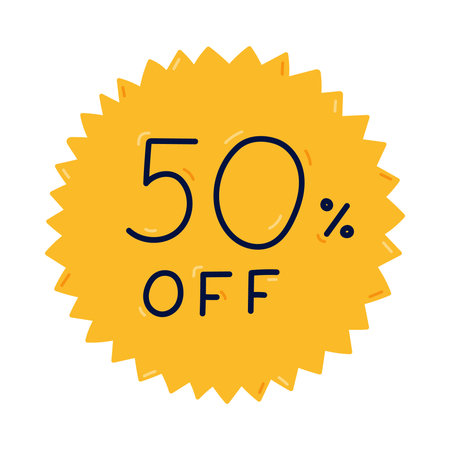 Cute cartoon star sticker with discounts 50 percent off for Black Friday Sale. Hand drawn acute...