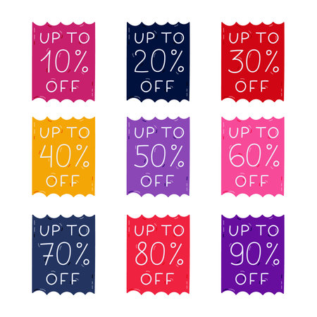 Cute cartoon set with Black Friday sale stickers with percent of discount from 10 to 90. Hand drawn...