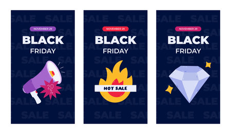 Vertical cool set of stories for Black Friday Sale with colorful shopping clipart. Dark banner to promote hot sale with loudspeaker, fire with lettering, shining diamond for social media.