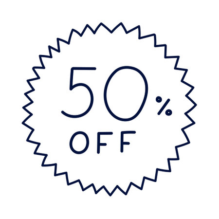Cute outline star sticker with discounts 50 percent off for Black Friday Sale. Hand drawn acute bubble with lettering for promotion of super price off at shop, store, markets. Simple trendy banner.のイラスト素材