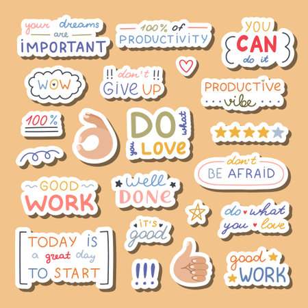 Big colorful doodle stickers set with lettering with motivational, cheering phrases for planners, notebooks. Ready for print list of cute stickers. Inspirational typography for good job, result.のイラスト素材