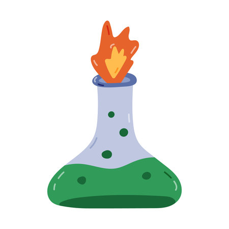Cute cartoon laboratory beaker with fire and green chemical solution. Flat-bottomed flask, glassware, tube for science experiment, chemistry, biology test. Hand drawn lab equipment isolated on white.のイラスト素材