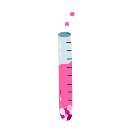 Cute cartoon laboratory test tube with pink chemical reagent, sediment. High narrow flask, glass tube for science experiment, chemistry, biology lesson. Flat hand drawn lab beaker isolated on white.のイラスト素材