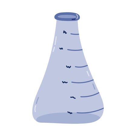 Cute cartoon laboratory beaker for science experiment, chemistry and biology tests. Flat bottomed flask, glassware, tube for chemical solutions. Hand drawn lab equipment isolated on white.のイラスト素材