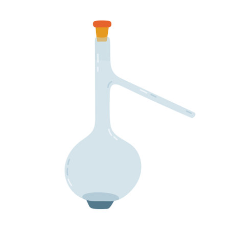 Cute cartoon laboratory beaker with spout and cork for chemical solutions, reagents. High and round flask for science experiment, chemistry, biology tests. Hand drawn lab glassware isolated on white.のイラスト素材