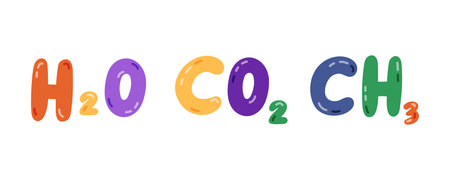 Cute cartoon set with chemical formulas of H2O, CO2, CH2. Hand drawn lettering of water, carbon dioxide, methylene as sign of chemistry, science and medicine. Hand drawn clipart isolated on white.のイラスト素材
