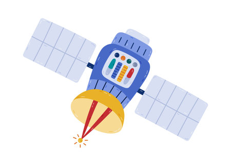 Cute cartoon satellite flying in outer space in childish style. Hand drawn space probe for transferring signal, data, information. Simple clipart of spacecraft isolated on white background.のイラスト素材