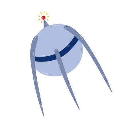 Cute cartoon orbital satellite flying in space in childish style. Hand drawn space probe for telecommunication, radar, signal receive. Colorful clipart of spacecraft isolated on white background.のイラスト素材