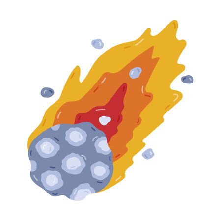 Cute cartoon falling asteroid in flame. Burning comet, meteor, celestial body in childish style. Hand drawn clipart of space meteorite with fire and stones isolated on white backgroundのイラスト素材