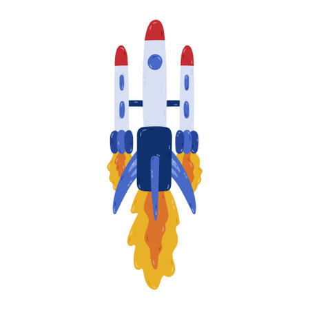 Cute cartoon big space rocket with flame. Hand drawn cosmic shuttle flying in the sky. Sign of astronomy, universe discover, business project. Colorful spaceship clipart isolated on background.のイラスト素材