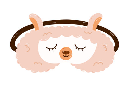 Cute cartoon sleeping mask in the shape of llama head. Funny childish animal eye mask. Hand drawn vector bedtime accessory for comfortable relaxation. Beige clipart isolated on white background.のイラスト素材