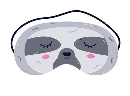 Cute cartoon sleeping mask in the shape of sloth head. Funny childish animal eye mask with fatigue sloth. Hand drawn vector bedtime wear for peace dreaming isolated on white background.のイラスト素材