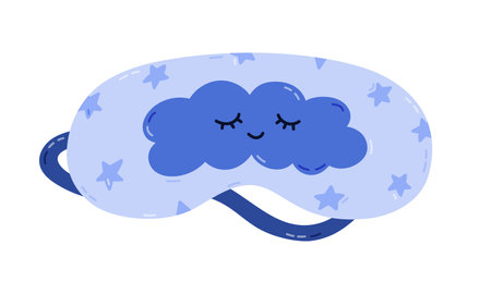 Cute cartoon sleeping mask with dreaming clouds and stars. Funny girly blue eye mask. Hand drawn vector bedtime accessory for comfort resting to prevent insomnia isolated on white background.のイラスト素材