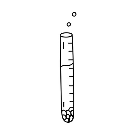 Cute outline laboratory test tube with chemical reagent, sediment. Doodle high narrow flask, glass tube for science experiment, chemistry, biology lesson. Flat hand drawn lab beaker isolated on white.のイラスト素材