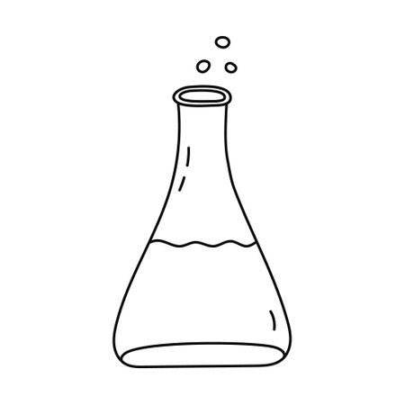 Cute doodle laboratory beaker with chemical solution and bubbles. Flat bottomed flask, glassware for science experiment, chemistry tests. Hand drawn outline lab equipment isolated on whiteのイラスト素材