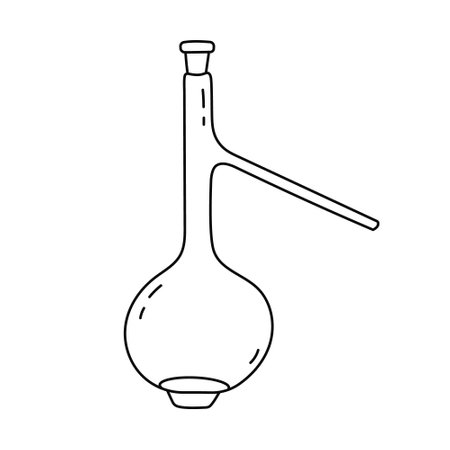 Cute doodle laboratory beaker with spout and cork for chemical solutions, reagents. High and round flask for science experiment, chemistry, biology tests. Hand drawn lab glassware isolated on white.のイラスト素材