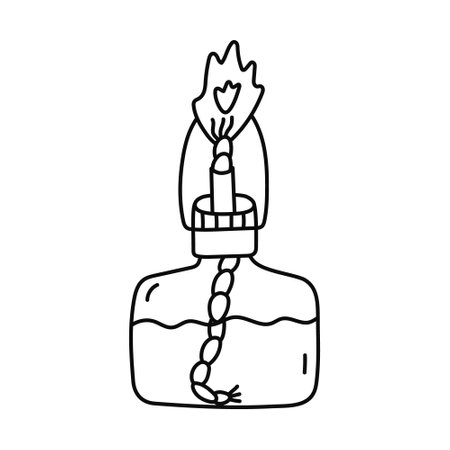 Cute doodle laboratory burner with alcohol liquid, rope and fire for heating flasks, beaker. Bunsen burner for science experiment, chemistry test. Hand drawn outline lab equipment isolated on whiteのイラスト素材