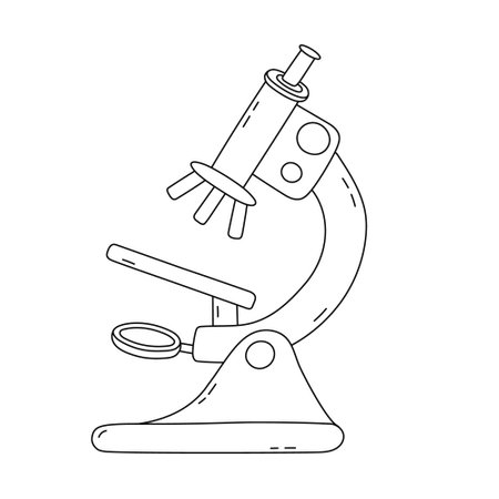 Cute doodle microscope for chemistry, genetic, medical experiment. Laboratory tool for vaccine discovery, geneticist research, science study. Hand drawn outline scientist equipment isolated on white.のイラスト素材