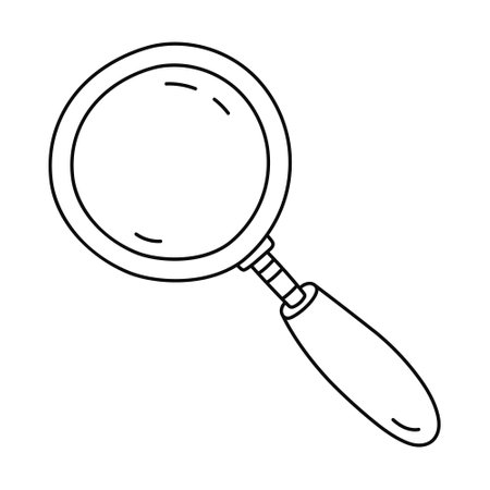 Cute doodle hand held magnifying glass. Hand drawn loupe with handle as concept of search information, investigation, business idea. Outline scientific and business magnifier isolated on white.のイラスト素材