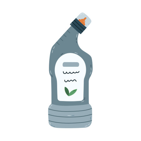 Cute cartoon toilet cleaner gel to disinfect, cleanse bathroom plumbing, sink, toilet bowl. Hand drawn bottle of detergent liquid. Funny clipart for washing apartment isolated on white background.のイラスト素材
