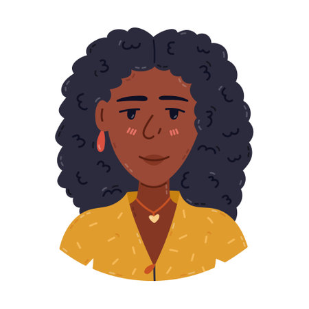 Cute cartoon African American lady portrait for social media, poster design. Hand drawn feminine character with curly volume afro hair. Trendy symbol of diversity, International Women Day, community.のイラスト素材