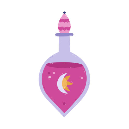Lovely cartoon magic potion in round glass vial with esoteric symbol on label of moon and sun, pink liquid. Cute hand drawn elixir for magical transformation, wizard spell, mystery ritual isolated.のイラスト素材