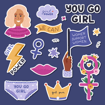 Lovely cartoon feminist, girl power sticker set for planners, notebooks. Ready for print list of cute stickers with female avatar, lettering of feminism slogans, girlish clipart. Women concept.のイラスト素材