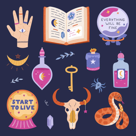 Lovely cartoon supernatural and enchanted doodle set. Cute hand drawn palm with all seeing eye, crystal ball of sorcerer, cow skull, snake, potion with moonlight. Vector Halloween magic stickers.のイラスト素材
