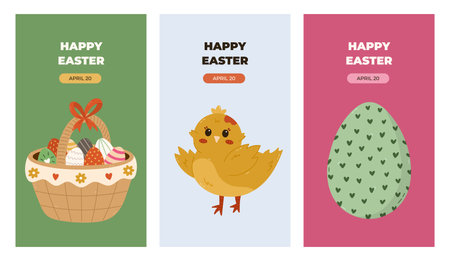 Lovely set of vertical Happy Easter posters with cute baby chicken, holiday basket with painted Easter egg. Trendy minimalist collection of banner, cover, background with colorful cartoon clipart.のイラスト素材