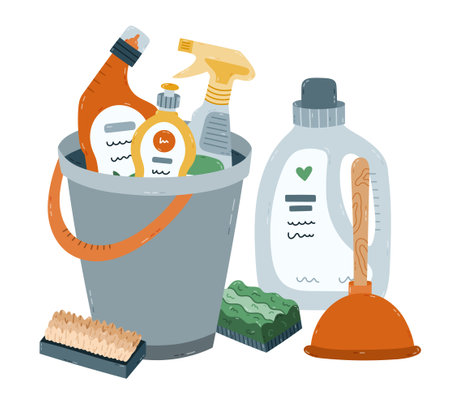 Lovely cartoon housework concept illustration with bucket and different detergent products, liquids, rubber toilet plunger, scrubbing brushes. Funny clipart composition for website, poster, media.のイラスト素材