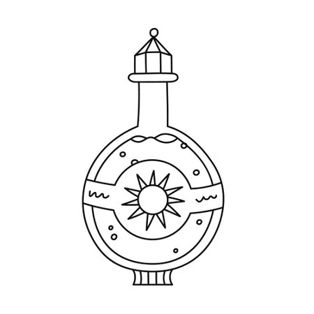 Lovely scribble magic potion in round bottle with sun symbol on label, vintage lid for sunshine energy. Hand drawn esoteric and alchemy elixir in glass jar of witch and wizard isolated on white.のイラスト素材