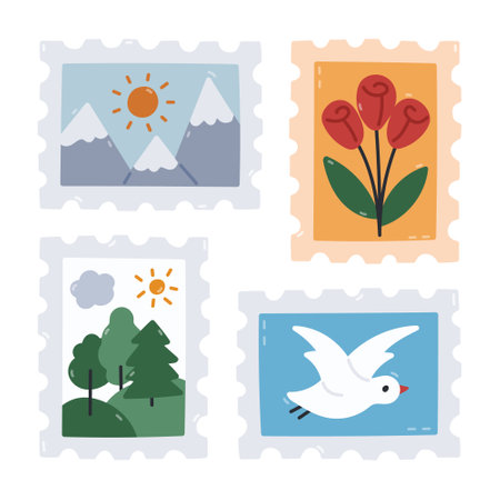 Lovely cartoon postage stamp set with adorable picture of sea gull, mountains view, roses, forest landscape. Trendy hand drawn postmark with print for letter, postcard, sending mail isolated on white.のイラスト素材