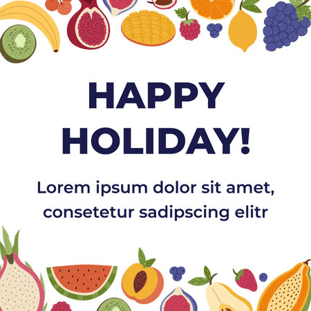 Lovely cartoon border with summery tropical fruits, berries and place for text in vibrant colors for poster, design, social media. Hand drawn colorful square wreath with kiwi, peach, mango, grape.のイラスト素材