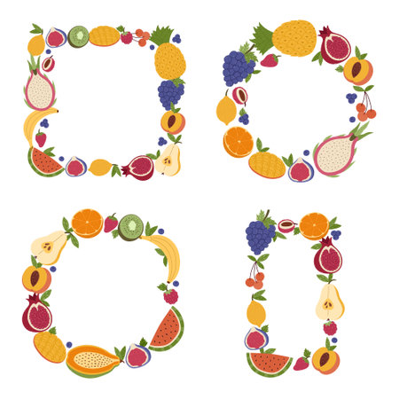 Lovely set with round, square, rectangle frame with summertime tropical fruits and berries in vivid colors for poster, design, social media. Colorful vertical and horizontal fruit border collection.のイラスト素材